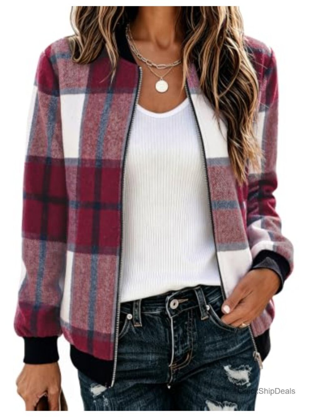 Womens Plaid Wool Blend Bomber Jacket Casual Zip Up Lightweight Fall Coat
